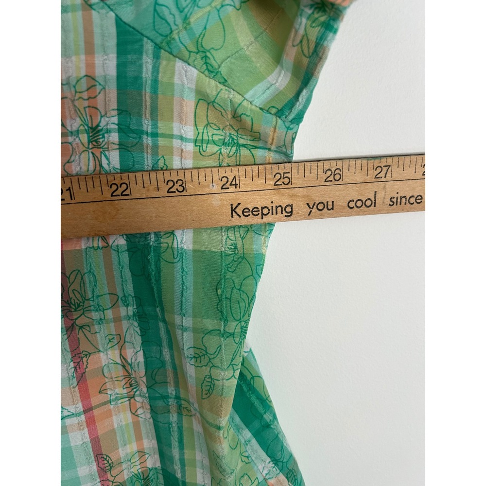 Alia Women Green Plaid Floral Button Up Shirt Short Sleeve Tab Textured Top - Picture 5 of 9
